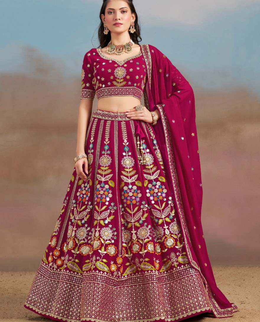 6008-PINK - Stunning Pink Thread Work Georgette Engagement Wear Lehenga With Blouse